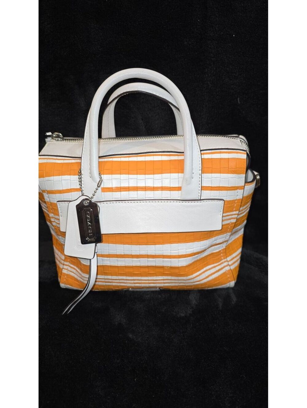 13. Coach 2014 Yellow/White Stripe Mini  Bleecker Woven Leather Crossbody
